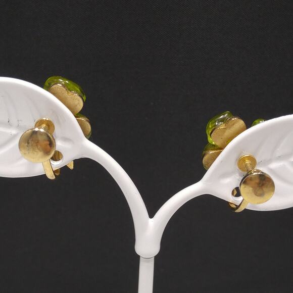 Vintage Peridot Gemstone Four Leaf Clover Earrings, Pearls, Gold Plated, 1950s - Picture 4 of 10